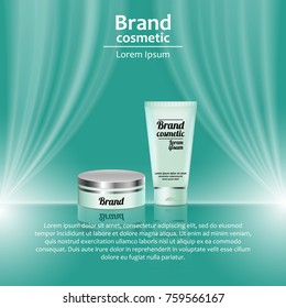 3D realistic cosmetic bottle ads template. Cosmetic brand advertising concept design with wavy light abstract background.