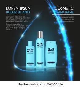 3D realistic cosmetic bottle ads template. Cosmetic brand advertising concept design with glowing sparkles and glitters abstract background.