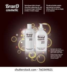 3D realistic cosmetic bottle ads template. Cosmetic brand advertising concept design with bubbles and sparkles.