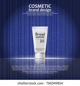 3D realistic cosmetic bottle ads template. Cosmetic brand advertising concept design with glowing sparkles on abstract texture background.