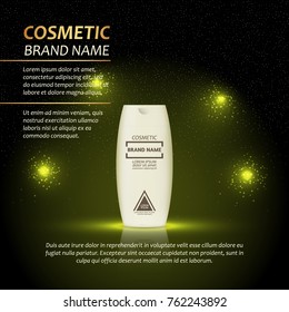 3D realistic cosmetic bottle ads template. Cosmetic brand advertising concept design with abstract glowing lights and sparkles background.