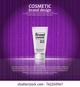 3D realistic cosmetic bottle ads template. Cosmetic brand advertising concept design with glowing sparkles on abstract texture background.