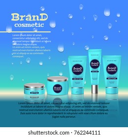3D realistic cosmetic bottle ads template. Cosmetic brand advertising concept design with water bubbles and waterdrops background.