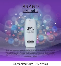 3D realistic cosmetic bottle ads template. Cosmetic brand advertising concept design with glitters and bokeh background.