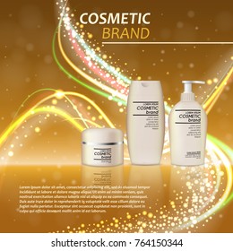 3D realistic cosmetic bottle ads template. Cosmetic brand advertising concept design with glitters and bokeh background.