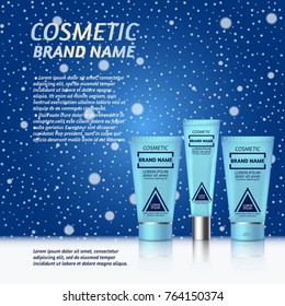 3D realistic cosmetic bottle ads template. Cosmetic brand advertising concept design on winter background with snowflakes.