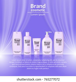 3D realistic cosmetic bottle ads template. Cosmetic brand advertising concept design with wavy light abstract background.