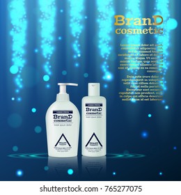 3D realistic cosmetic bottle ads template. Cosmetic brand advertising concept design with glitters and bokeh background.