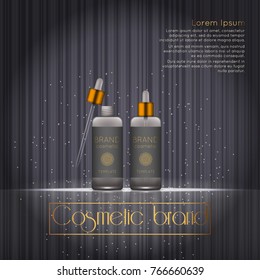 3D realistic cosmetic bottle ads template. Cosmetic brand advertising concept design with glowing sparkles on abstract texture background.