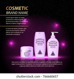 3D realistic cosmetic bottle ads template. Cosmetic brand advertising concept design with abstract glowing lights and sparkles background.