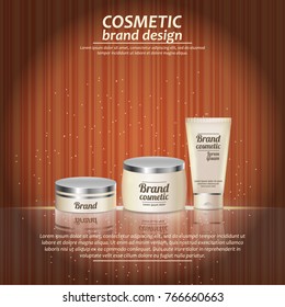 3D realistic cosmetic bottle ads template. Cosmetic brand advertising concept design with glowing sparkles on abstract texture background.