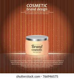 3D realistic cosmetic bottle ads template. Cosmetic brand advertising concept design with glowing sparkles on abstract texture background.