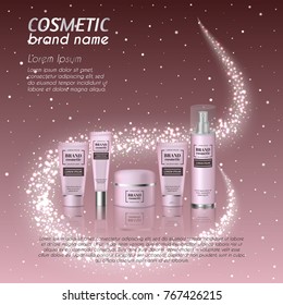 3D realistic cosmetic bottle ads template. Cosmetic brand advertising concept design with glittering dust background.