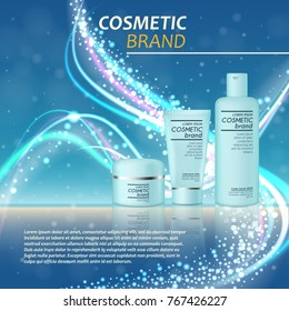 3D realistic cosmetic bottle ads template. Cosmetic brand advertising concept design with glitters and bokeh background.