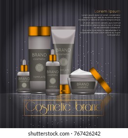 3D realistic cosmetic bottle ads template. Cosmetic brand advertising concept design with glowing sparkles on abstract texture background.