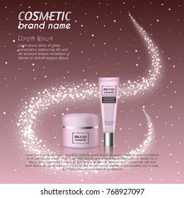 3D realistic cosmetic bottle ads template. Cosmetic brand advertising concept design with glittering dust background.