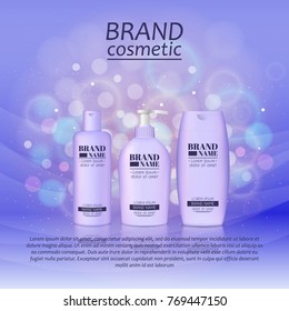 3D realistic cosmetic bottle ads template. Cosmetic brand advertising concept design with glitters and bokeh background.