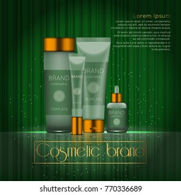 3D realistic cosmetic bottle ads template. Cosmetic brand advertising concept design with glowing sparkles on abstract texture background.