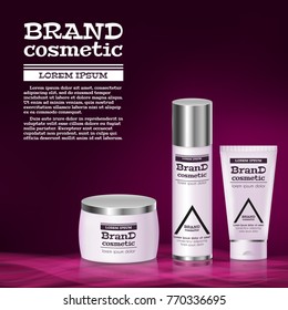 3D realistic cosmetic bottle ads template. Cosmetic brand advertising concept design with abstract glowing waves.