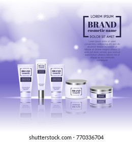 3D realistic cosmetic bottle ads template. Cosmetic brand advertising concept design on sky background with clouds.