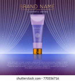 3D realistic cosmetic bottle ads template. Cosmetic brand advertising concept design with wavy light abstract background.
