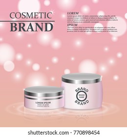 3D realistic cosmetic bottle ads template. Cosmetic brand advertising concept design with glitters and bokeh background.