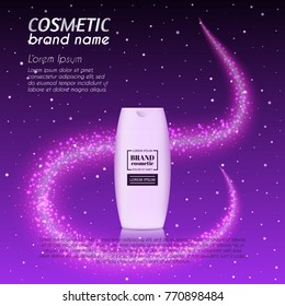 3D realistic cosmetic bottle ads template. Cosmetic brand advertising concept design with glittering dust background.