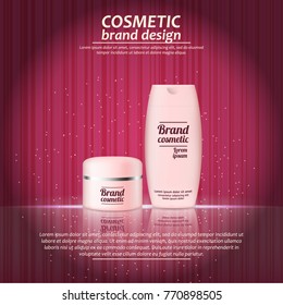 3D realistic cosmetic bottle ads template. Cosmetic brand advertising concept design with glowing sparkles on abstract texture background.