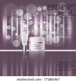 3D realistic cosmetic bottle ads template. Cosmetic brand advertising concept design with glitters and bokeh background.