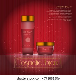 3D realistic cosmetic bottle ads template. Cosmetic brand advertising concept design with glowing sparkles on abstract texture background.