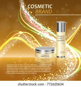 3D realistic cosmetic bottle ads template. Cosmetic brand advertising concept design with glitters and bokeh background.