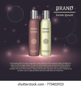 3D realistic cosmetic bottle ads template. Cosmetic brand advertising concept design with glitters and bokeh background.