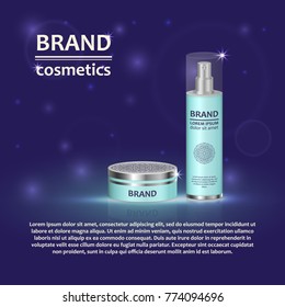 3D realistic cosmetic bottle ads template. Cosmetic brand advertising concept design with glitters and bokeh background.