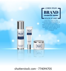 3D realistic cosmetic bottle ads template. Cosmetic brand advertising concept design on sky background with clouds.