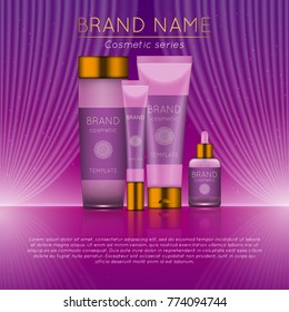3D realistic cosmetic bottle ads template. Cosmetic brand advertising concept design with wavy light abstract background.