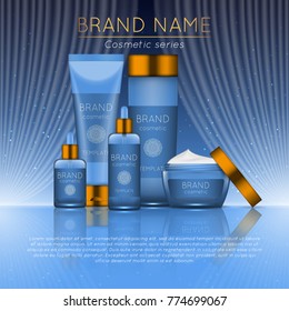 3D realistic cosmetic bottle ads template. Cosmetic brand advertising concept design with wavy light abstract background.