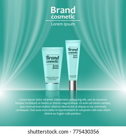3D realistic cosmetic bottle ads template. Cosmetic brand advertising concept design with wavy light abstract background.