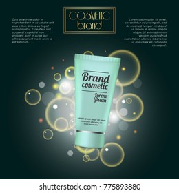 3D realistic cosmetic bottle ads template. Cosmetic brand advertising concept design with bubbles and sparkles.