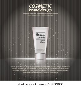 3D realistic cosmetic bottle ads template. Cosmetic brand advertising concept design with glowing sparkles on abstract texture background.