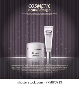 3D realistic cosmetic bottle ads template. Cosmetic brand advertising concept design with glowing sparkles on abstract texture background.