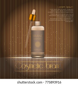 3D realistic cosmetic bottle ads template. Cosmetic brand advertising concept design with glowing sparkles on abstract texture background.