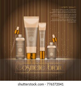 3D realistic cosmetic bottle ads template. Cosmetic brand advertising concept design with glowing sparkles on abstract texture background.