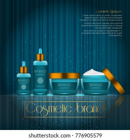 3D realistic cosmetic bottle ads template. Cosmetic brand advertising concept design with glowing sparkles on abstract texture background.