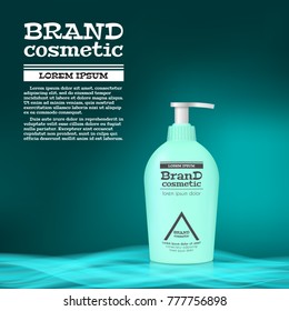 3D realistic cosmetic bottle ads template. Cosmetic brand advertising concept design with abstract glowing waves.