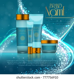 3D realistic cosmetic bottle ads template. Cosmetic brand advertising concept design with glitters and bokeh background.