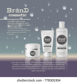 3D realistic cosmetic bottle ads template. Cosmetic brand advertising concept design with water bubbles and waterdrops background.