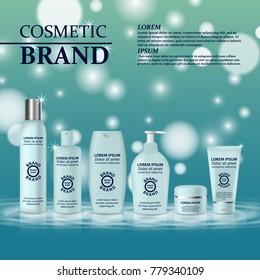 3D realistic cosmetic bottle ads template. Cosmetic brand advertising concept design with glitters and bokeh background.