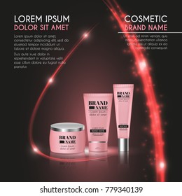 3D realistic cosmetic bottle ads template. Cosmetic brand advertising concept design with glowing sparkles and glitters abstract background.