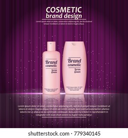 3D realistic cosmetic bottle ads template. Cosmetic brand advertising concept design with glowing sparkles on abstract texture background.