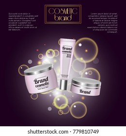 3D realistic cosmetic bottle ads template. Cosmetic brand advertising concept design with bubbles and sparkles.